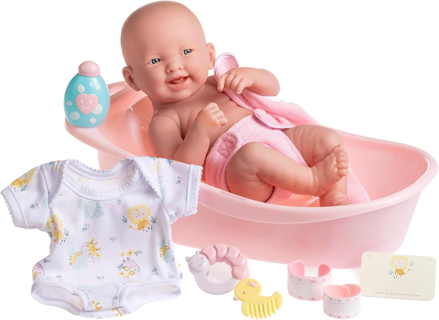 8 piece Layette Deluxe Bathtub Gift Set | JC Toys - La Newborn | 14" Life-Like Smiling Vinyl Newborn Doll w/ Accessories | Pink | Waterproof |Ages 2+ Bath Pink