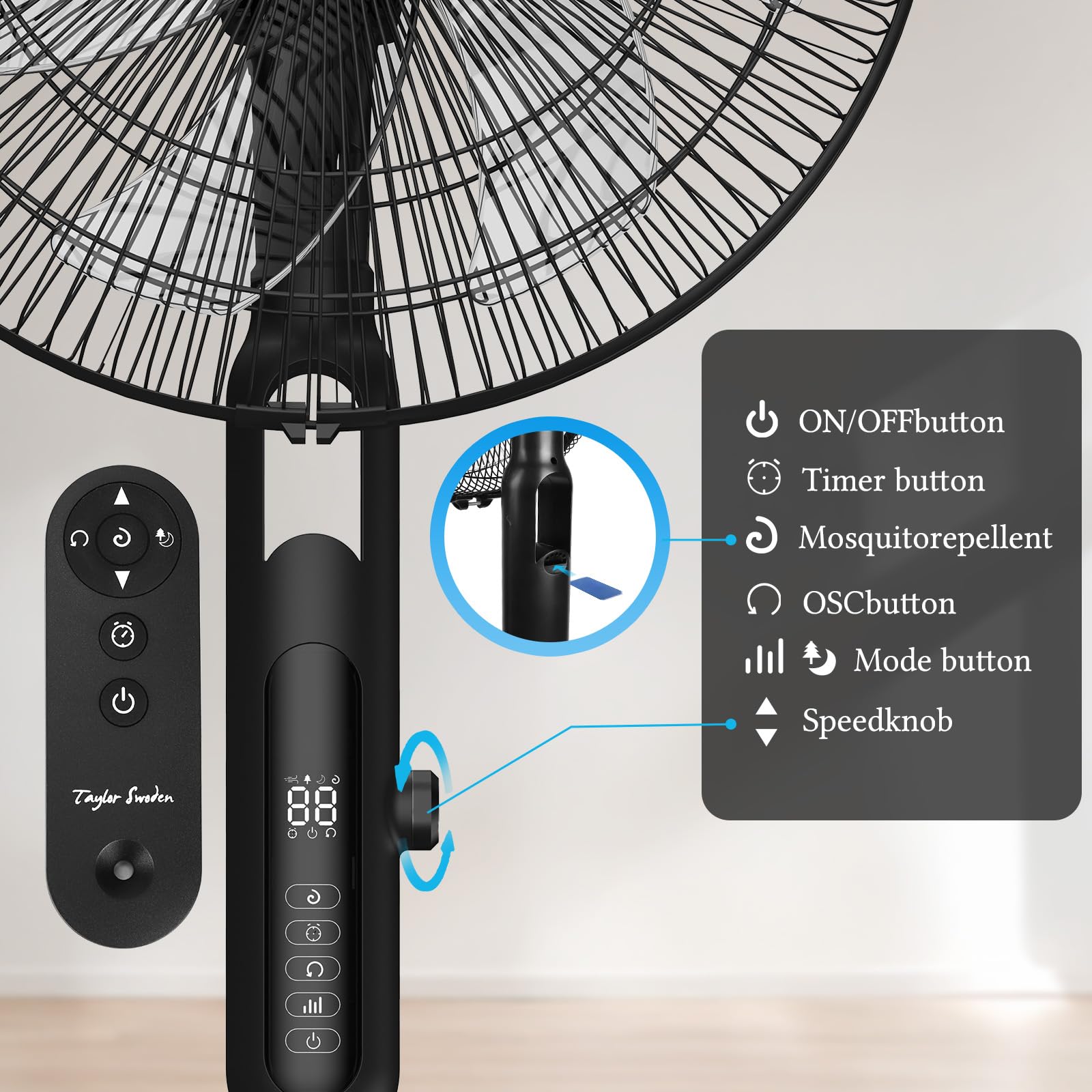 Taylor Swoden Ventilatore a Piantana, DC Silenzioso Ventilatore con Telecomando, Anti-moustique, 28 Velocità, 3 Modalità, 12H Timer, 75° Oscillant, LED, Regolabile in altezza(125-135cm), Nero