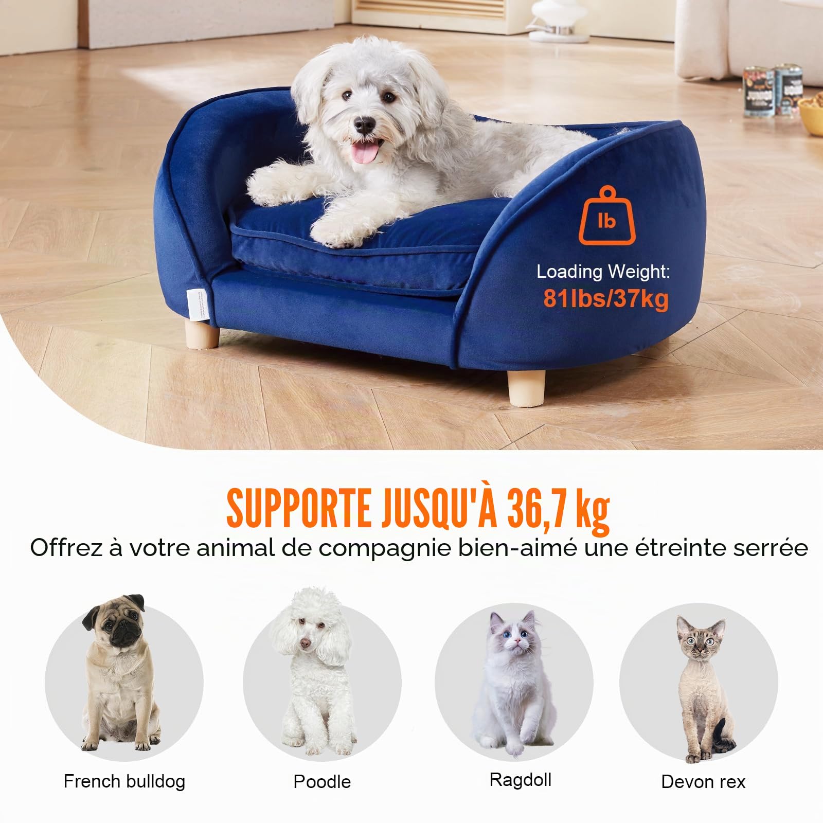VEVOR Canapé pour Animal de Compagnie 71 x 50,5 x 30 cm Panier pour Chien Taille Moyenne Chat Velours Doux Bleu foncé