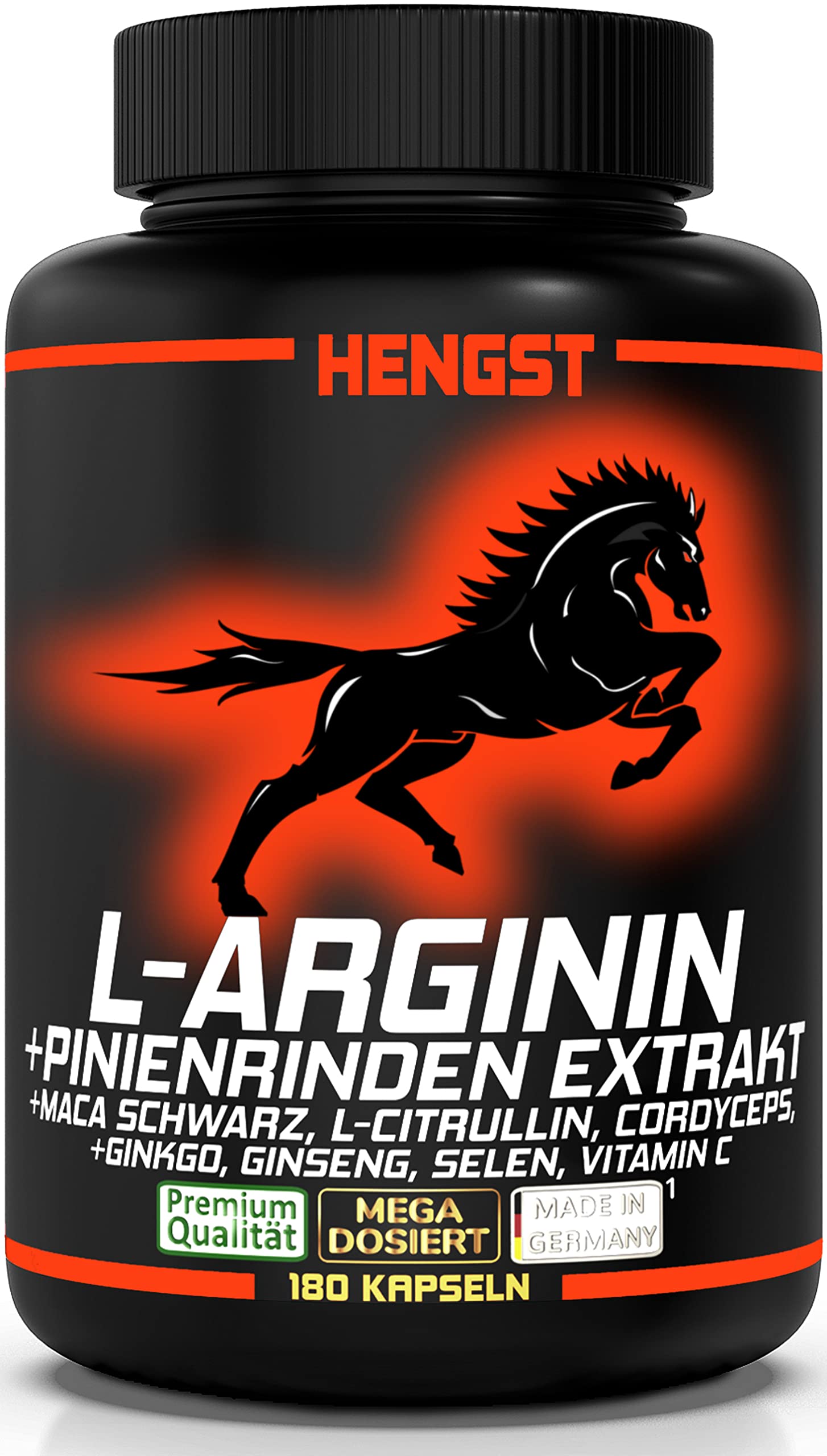MACH! DICH! HENGST!² L-Arginin + Pinienrinden Extrakt 100:1, 180 Kapseln + MACA SCHWARZ, L-Citrullin, Ginseng, Ginkgo, Cordyceps, Selen, Vitamin C, 1 Dose [1x154,6g]