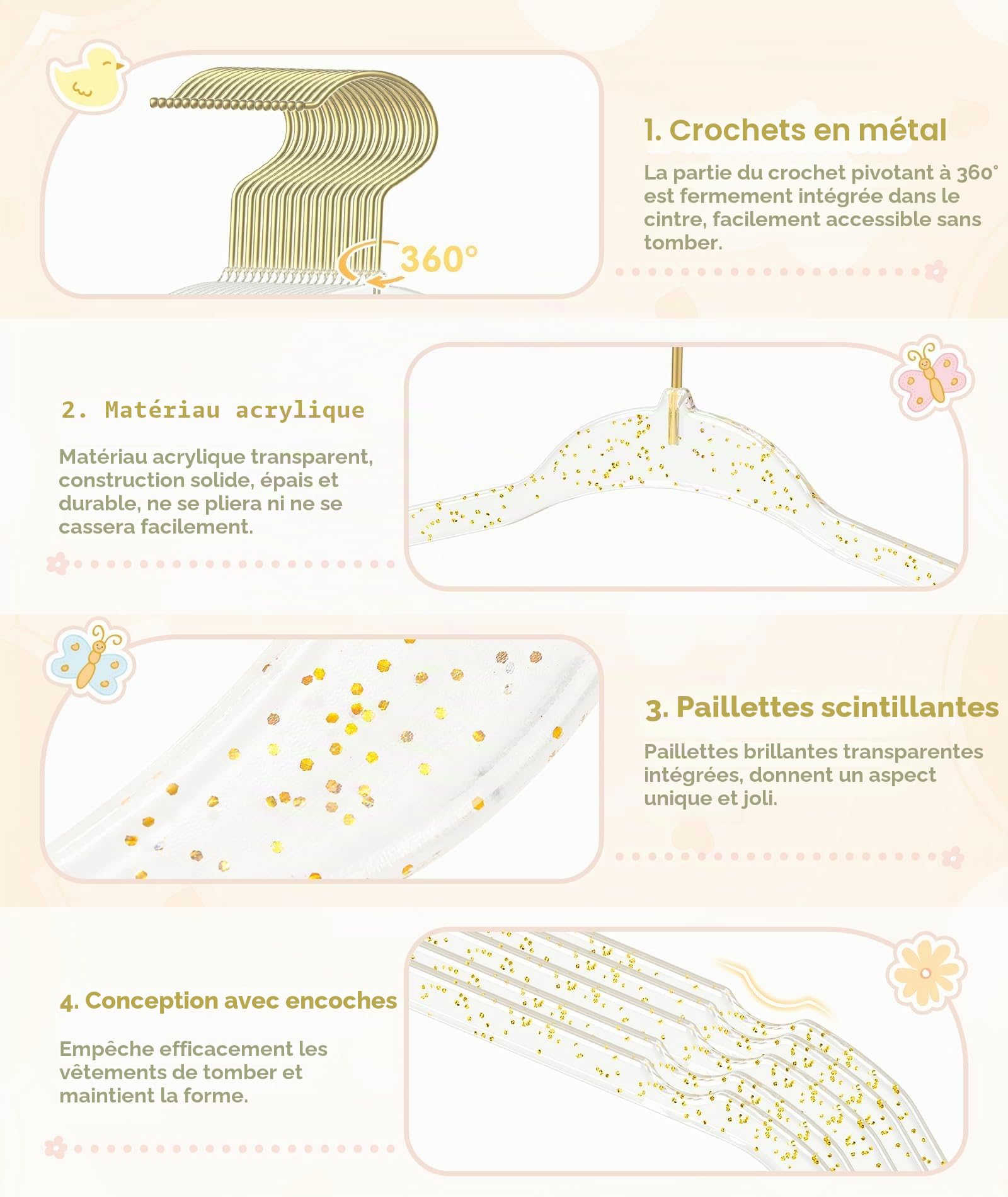 WJWSKI Cintre Enfant, Cintre Bebe Transparent avec Petites Paillettes, Lot de 20 Cintres pour Enfants Ultra Mince et Économie d'Espace, Cintres pour Enfant avec Petites Rainures sur Les Épaules