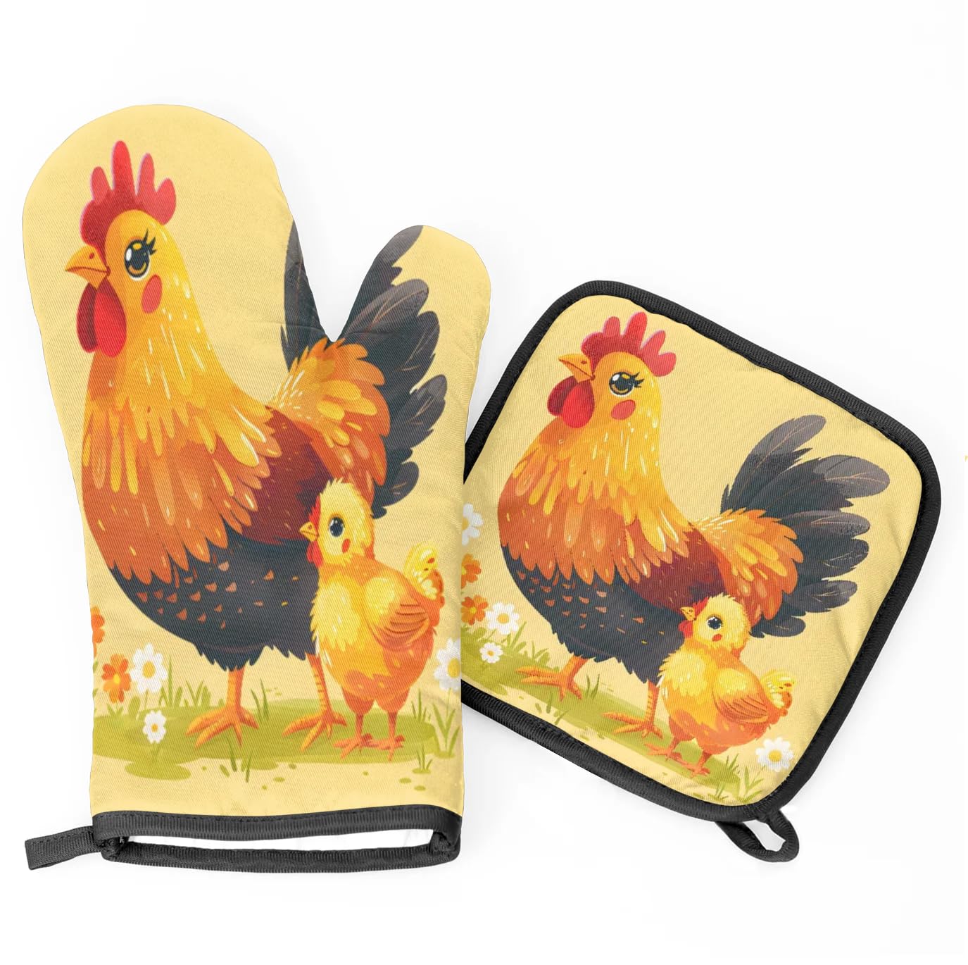 Meadow Flower Rooster Oven Mitts Kitchen Oven Gloves for Cooking Baking Heat Proof Lining Cotton Kitchen Potholder Mittens Pot Holders Hot Pads for Chef Women Men