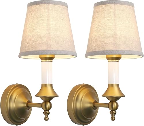 Miniatura 1 de PERMO Wall Sconces Set of 2 Classic Vintage Fabric Sconce with Funnel Linen Shade Hardwired Wall Mounted Light for Hallway, Bedroom, Living Room