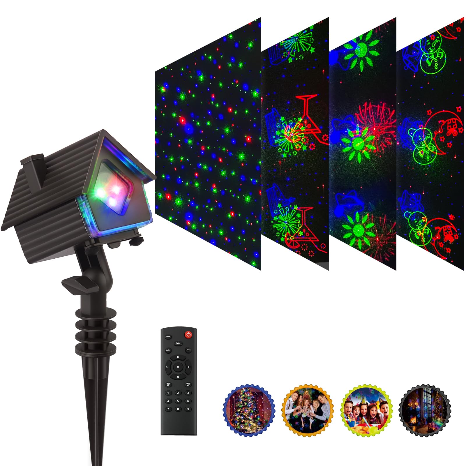 Poeland Christmas Projector Lights Garden Laser Lights with 4 Theme Multi Patterns, Holiday Projector Light IP65 Waterproof Outdoor Indoor Decorative Lighting for Xmas Birthday Party