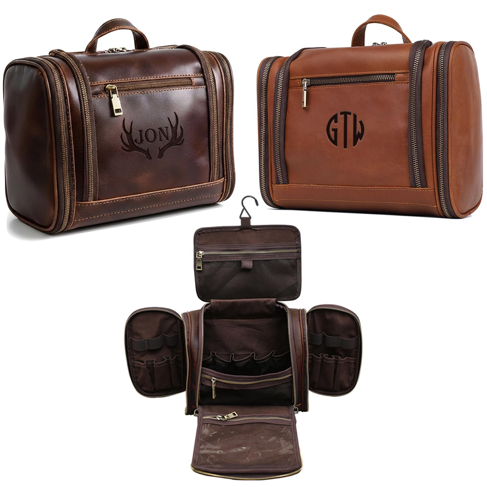 Personalized Leather Toiletry Bag for Men Women, Genuine Leather Toiletries Organizer, Travel Hanging Large Bathroom Shaving Kit, Gift Ideas for