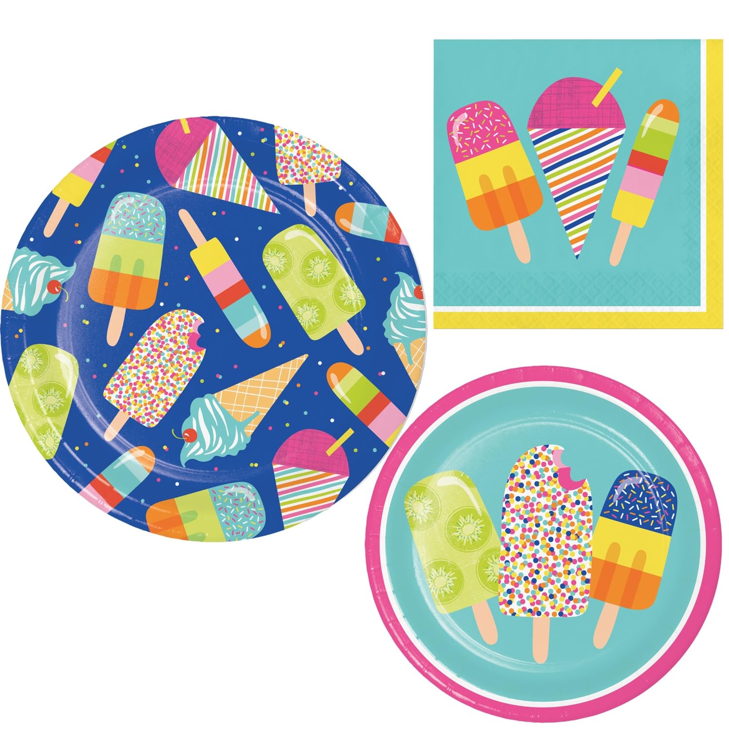 Summer Sweets Party Supplies | Bundle Includes Paper Dinner and Dessert Plates and Lunch Napkins for 8 People | Birthday Party Pool Party Picnic BBQ Luau | Fun Ice Cream and Popsicles Themed Bundle