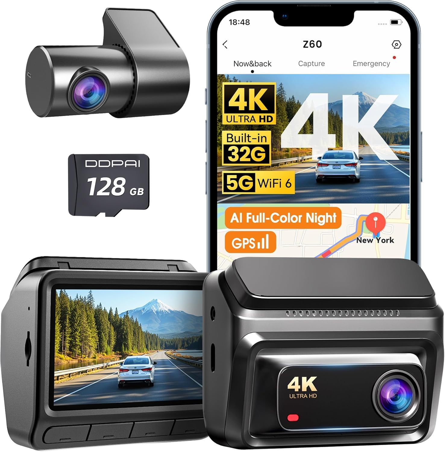 DDPAI Dashcam Coche 4K+1080P, Cámara Coche Grabadora con 32GB eMMC Internos, Visión Nocturna en Color, Compatible con 4G LTE, Wi-Fi 6 5GHz, GPS, Monitoreo de Aparcamiento 24H, Sensor G, Z60