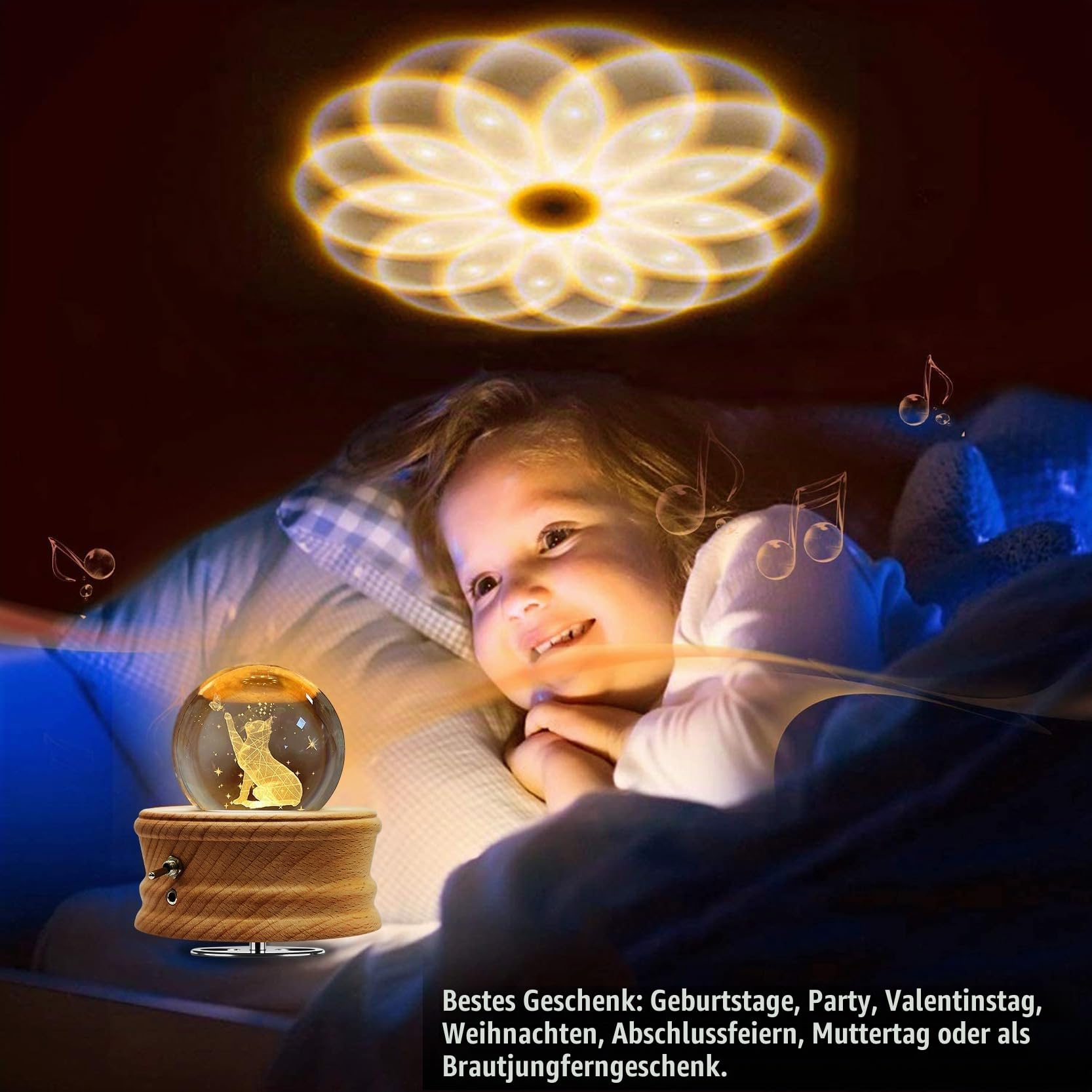 Kristallkugel Spieluhr, Hölzerne Spieluhr mit Projektionsfunktion, 360° Rotierende Drehbar Holzsockel, 3D K9 Glas, Geschenke für Frauen Mama Geburtstagsgeschenk Valentinstag