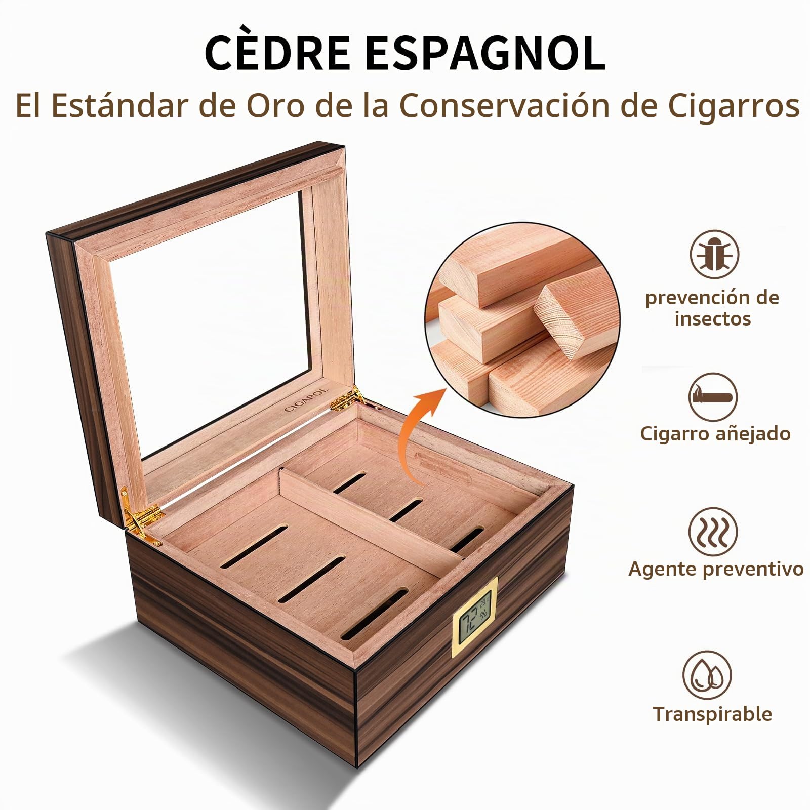 Humidor Puros, Caja Puros Hecho a Mano, Humidor con Mechero, Corta Puros y Humidificador para 25-50 Puros, Grandes Regalos para Hombres (Puros No Incluidos)