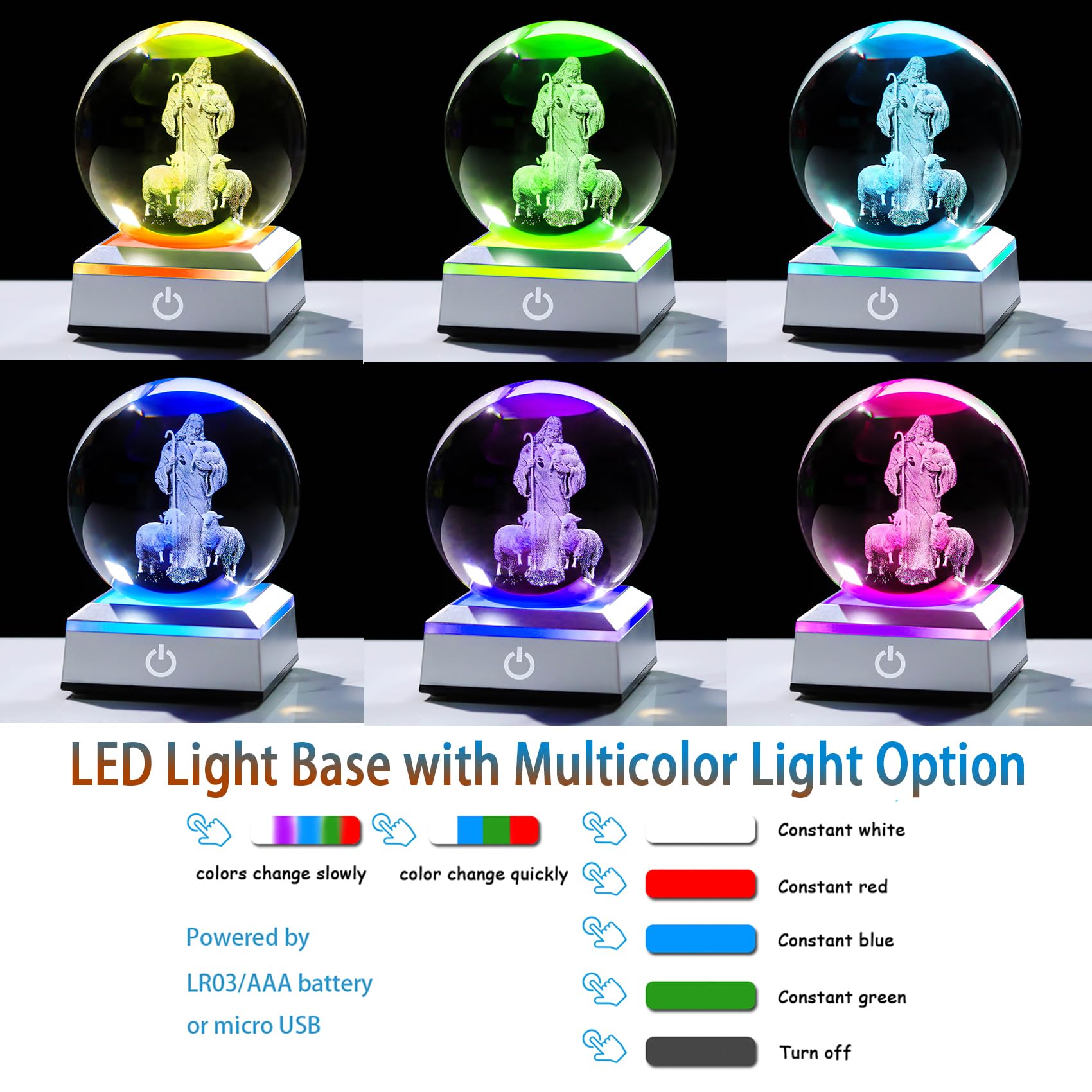 Movdyka 3.15" Crystal 3D Good Shepherd Ball Christian Gifts for Men Women Glass Jesus Statue Orbs Christ Presents With Colorful Light Base Religious Figurines Funny Ornament - Image 4