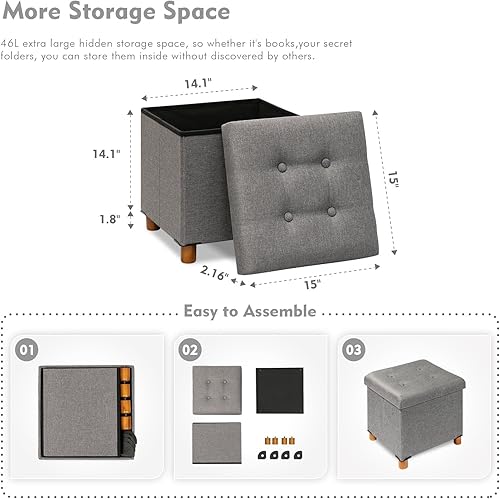 Miniatura 3 de B FSOBEIIALEO Otomana de almacenamiento con bandeja, taburetes de pies y otomanas con patas, cubo de almacenamiento, asiento de lino gris 15 pulgadas