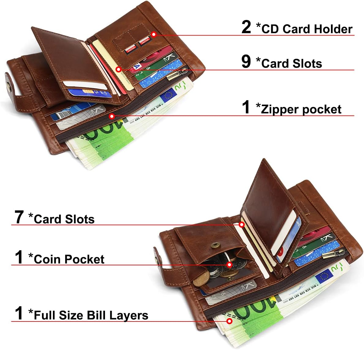 HNOOM Men's RFID Blocking Genuine Leather Wallet, Slim Bifold with Chain, 17 Card Slots & Coin Pocket - Image 3