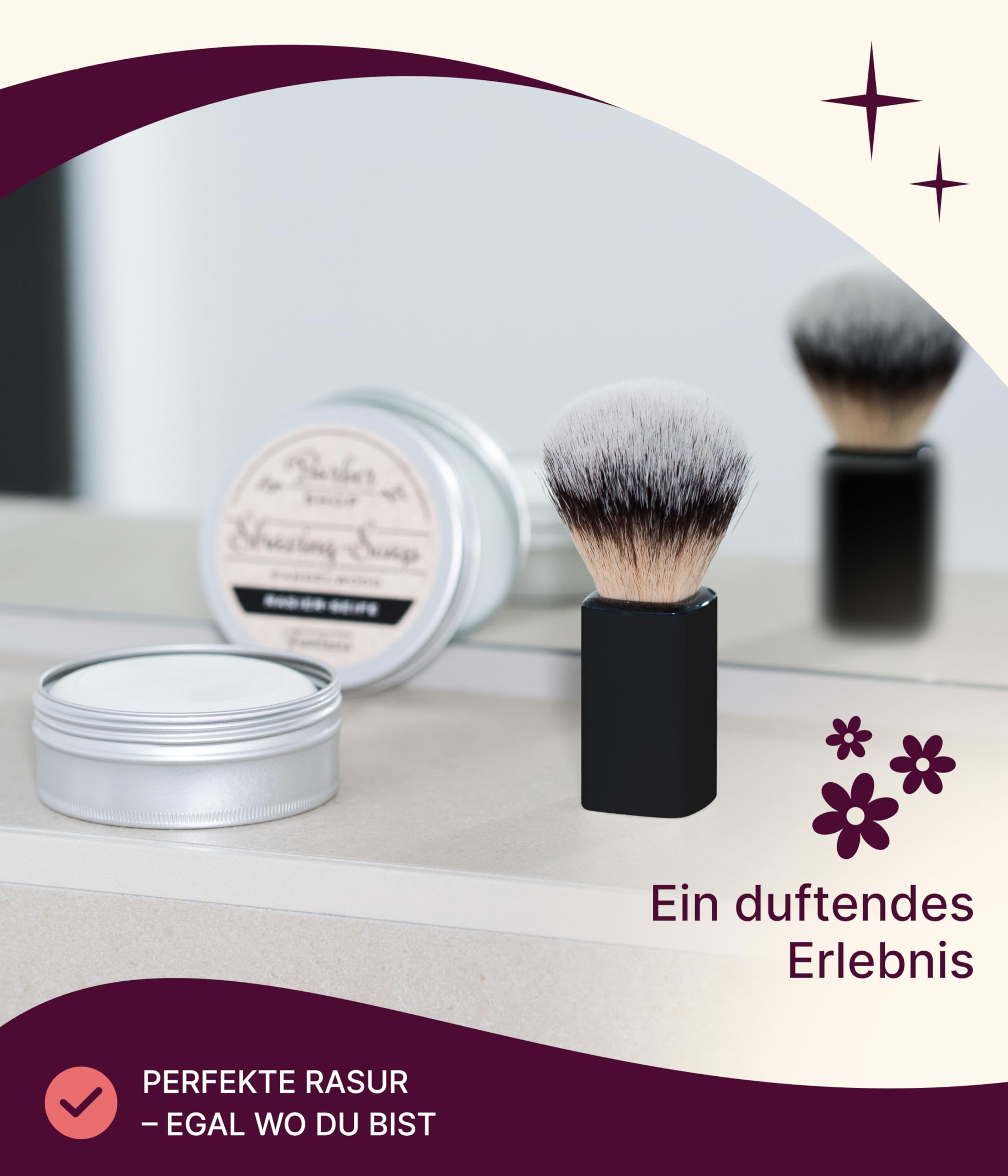 Fantasia® Beauty Rasier-Set schwarz mit Rasierseife in Aludose (Sandelholzduft, 100g) - Veganer Rasierpinsel mit Synthetikhaar, optimal für Bartpflege - Geschenk für Herren, inklusive Rasier