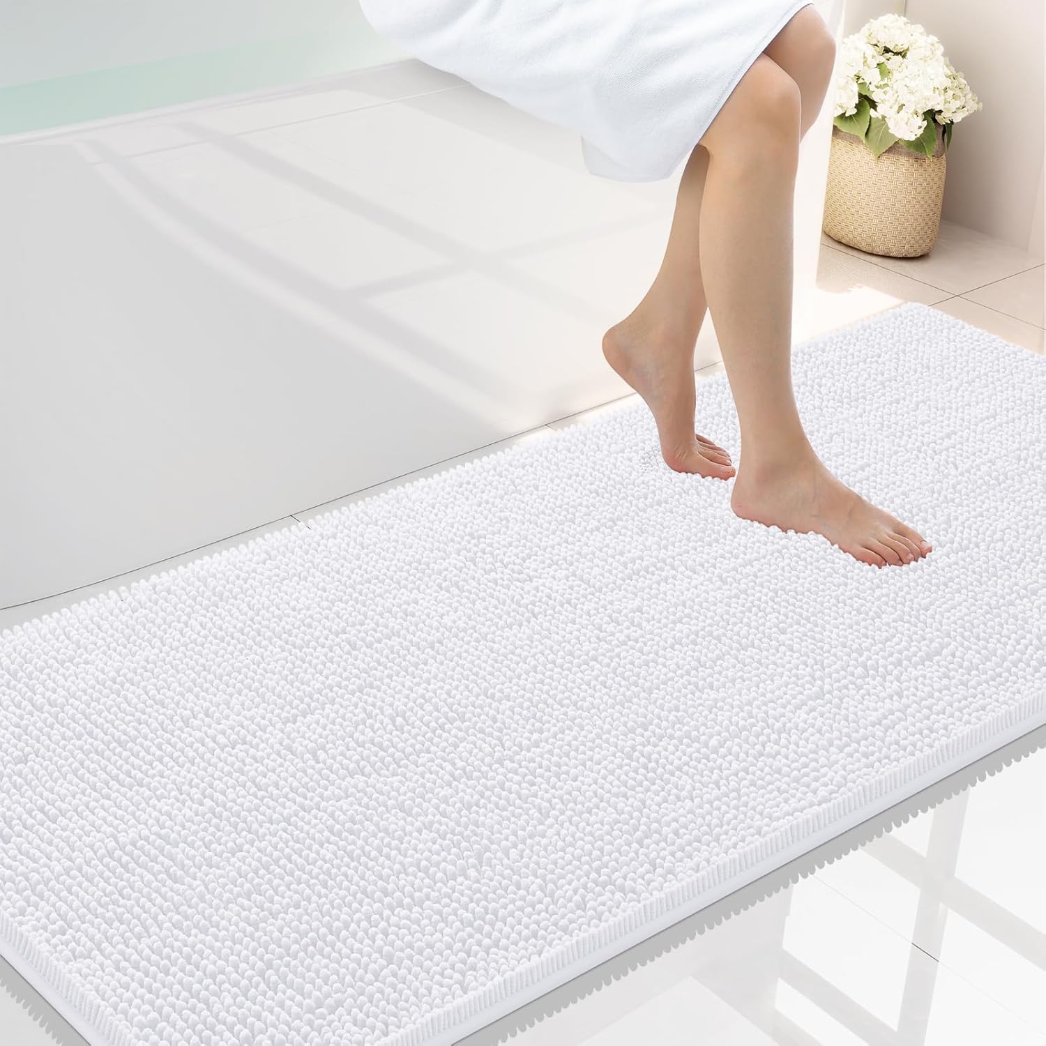Smiry Luxury Chenille Bathroom Rugs 59x24, Extra Soft and Absorbent Shaggy Bath Mat, Machine Washable, Non-Slip Plush Carpet Runner for Tub, Shower, and Floor, Home Decor Accessories, White 59'' x 24'' White