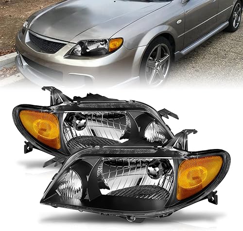 AmeriLite Faros delanteros de cristal ámbar negro para Mazda Protege - lado del pasajero y del conductor