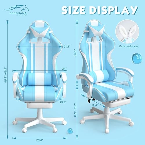Miniatura 3 de Ferghana Blue Gaming Chair with Bunny Ear, Cute Massage Gaming Chairs for Adults & Teens, Office PC Gamer Chair with Footrest, Kawaii Computer Game