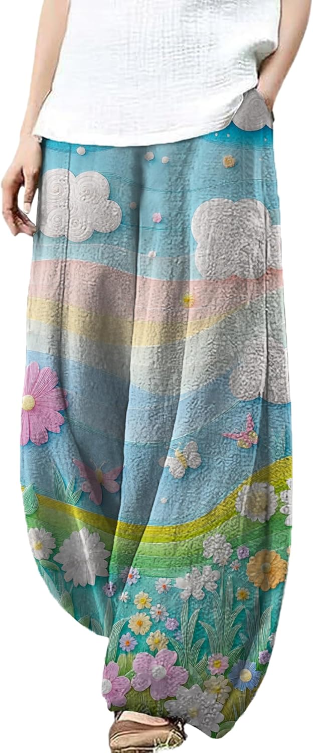 Trousers Pants for Women Wide Leg Floral Print Boho Pants Palazzo Elastic Lounge Casual Lantern Harem Pants Relax Blue 3X-Large - Image 1 of 4