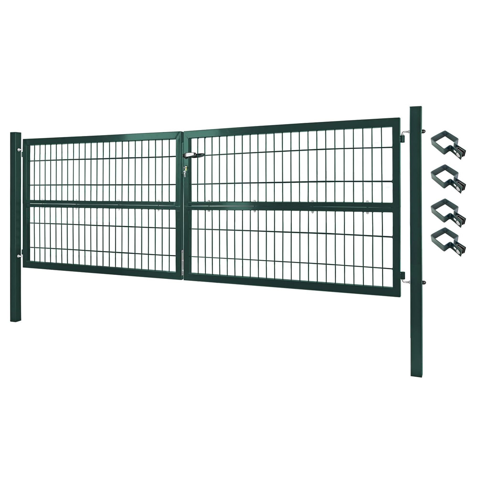 Gartentor Tor Gartenzaun Zaun 300x100 cm Doppelflügelig Gartentür aus Metall für Stabmattenzaun Abschließbar inkl. Pfosten Grün