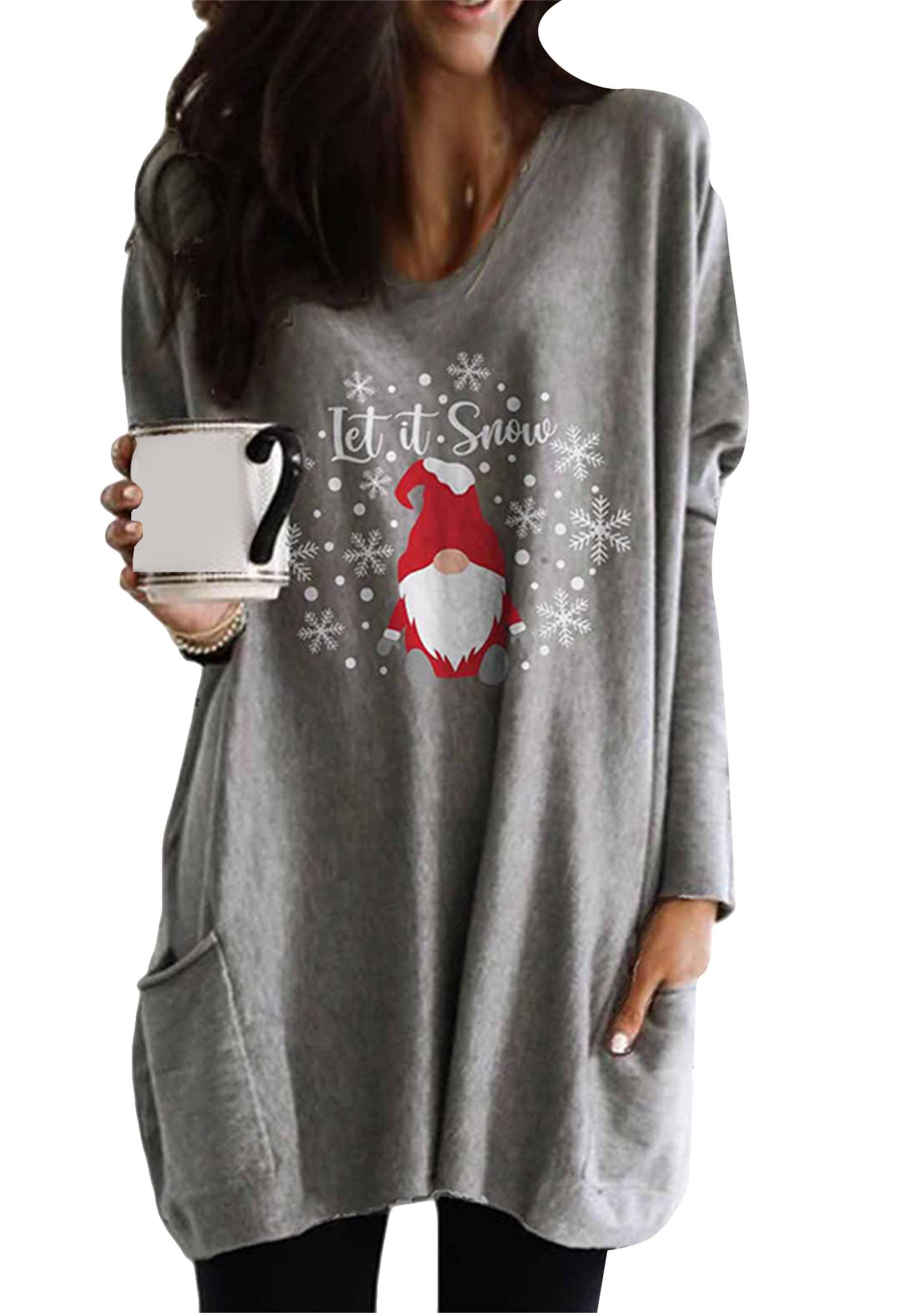 WIWIQS Womens Christmas Casual Print Sweatshirt Long Sleeve Round Neck Pocket T Shirts Blouses Tops
