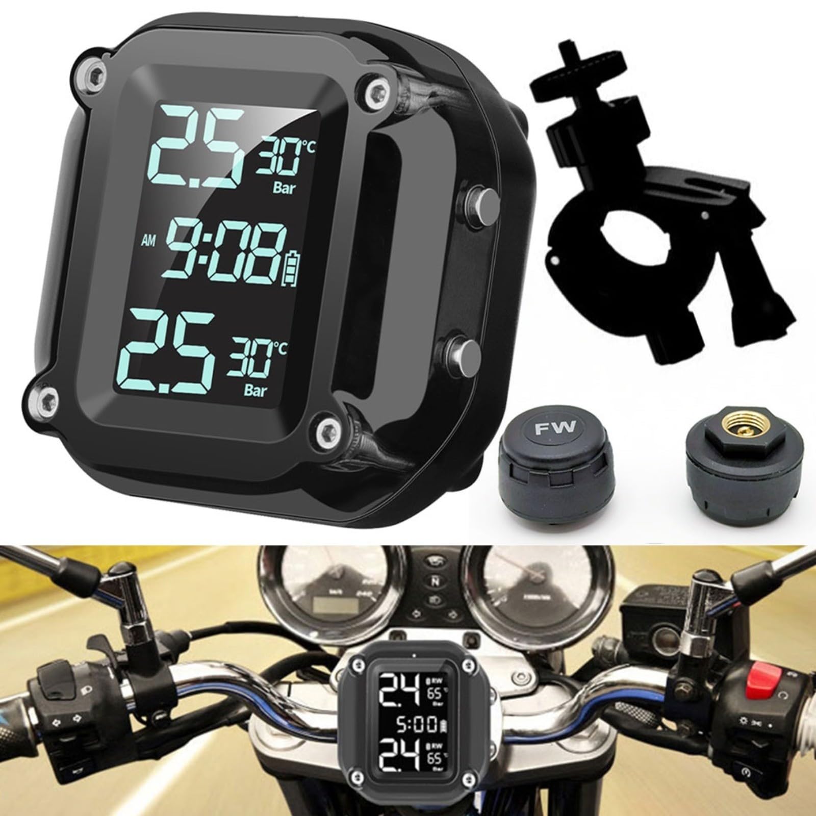 FUBESK Monitoraggio della pressione dei pneumatici, TPMS wireless per moto, monitoraggio in tempo reale, monitor della pressione dei pneumatici, con display LCD e 2 sensori esterni