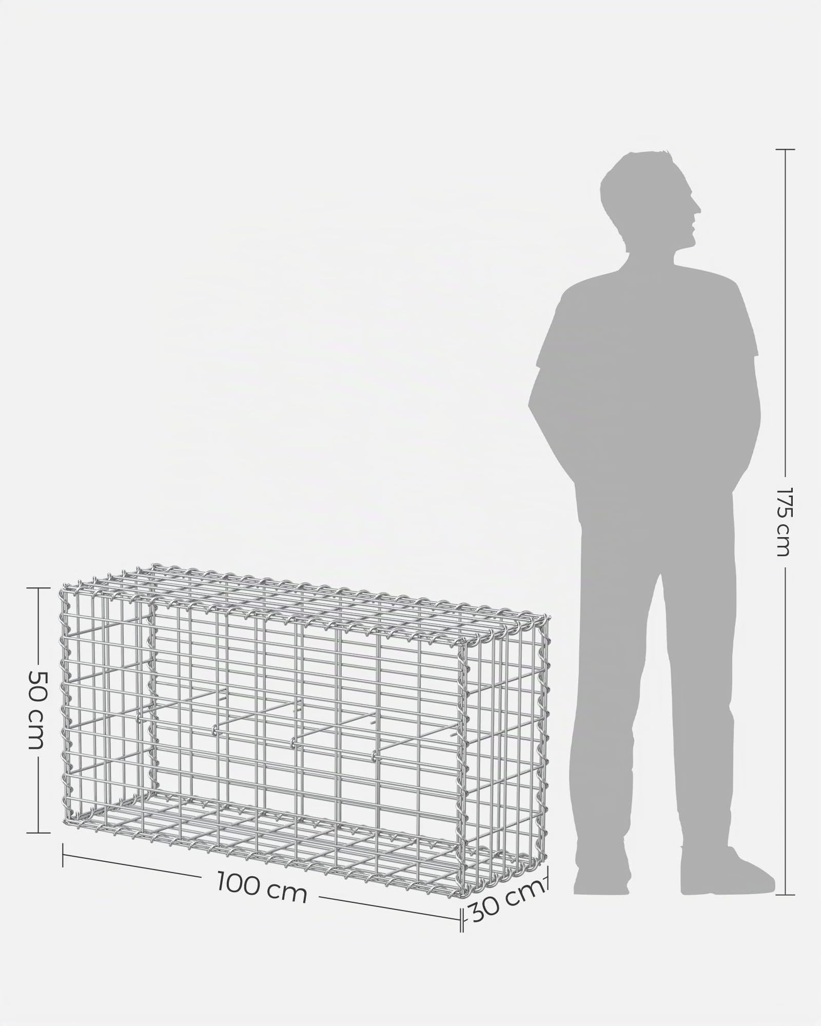 SONGMICS Gabion pour Pierre, Cage en Métal, Panier à Pierre, Maille 5 x 10 cm, Galvanisé, Mur, Paterre, Décoration de Jardin, 100 x 50 x 30 cm, Argent GGB153