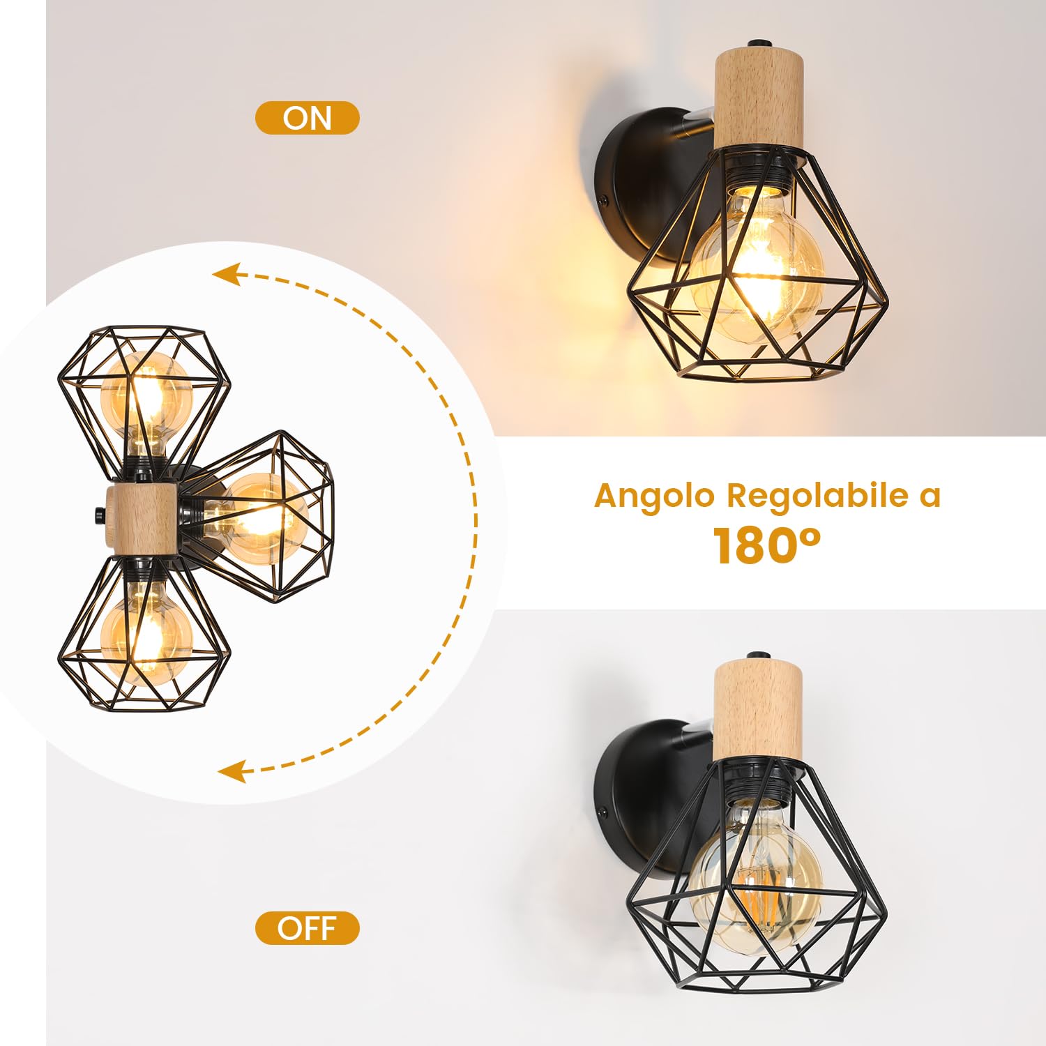 Comely Lampada da Parete Vintage, E27 Applique da Parete in Metallo e Legno, Regolabile Lampada a Muro Retrò per Soggiorno, Cucina, Sala da Pranzo e Camera da Letto