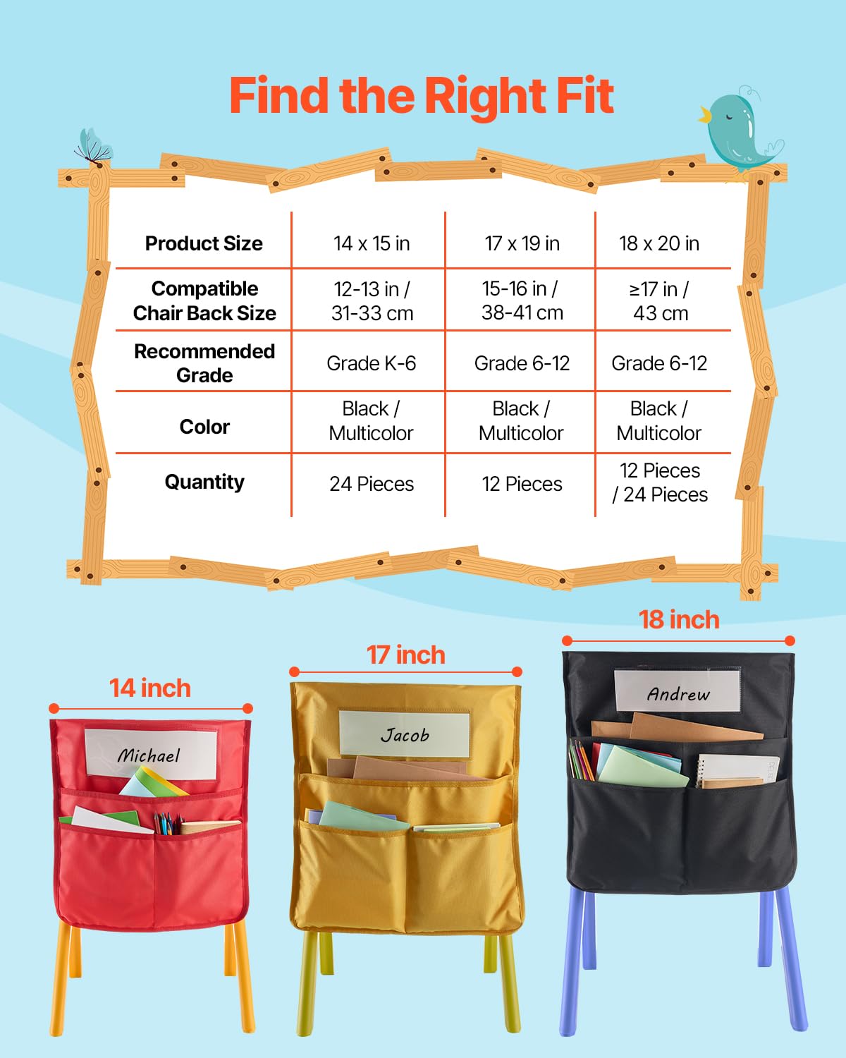 VEVOR Klassenzimmerstuhltasche, 24er-Pack, 36x38 cm, Rückenlehnentasche mit Namensschild, Stuhlrücken-Organizer für Kinder im Klassenzimmer, Kindergarten, in der Schule & zu Hause, Schwarz