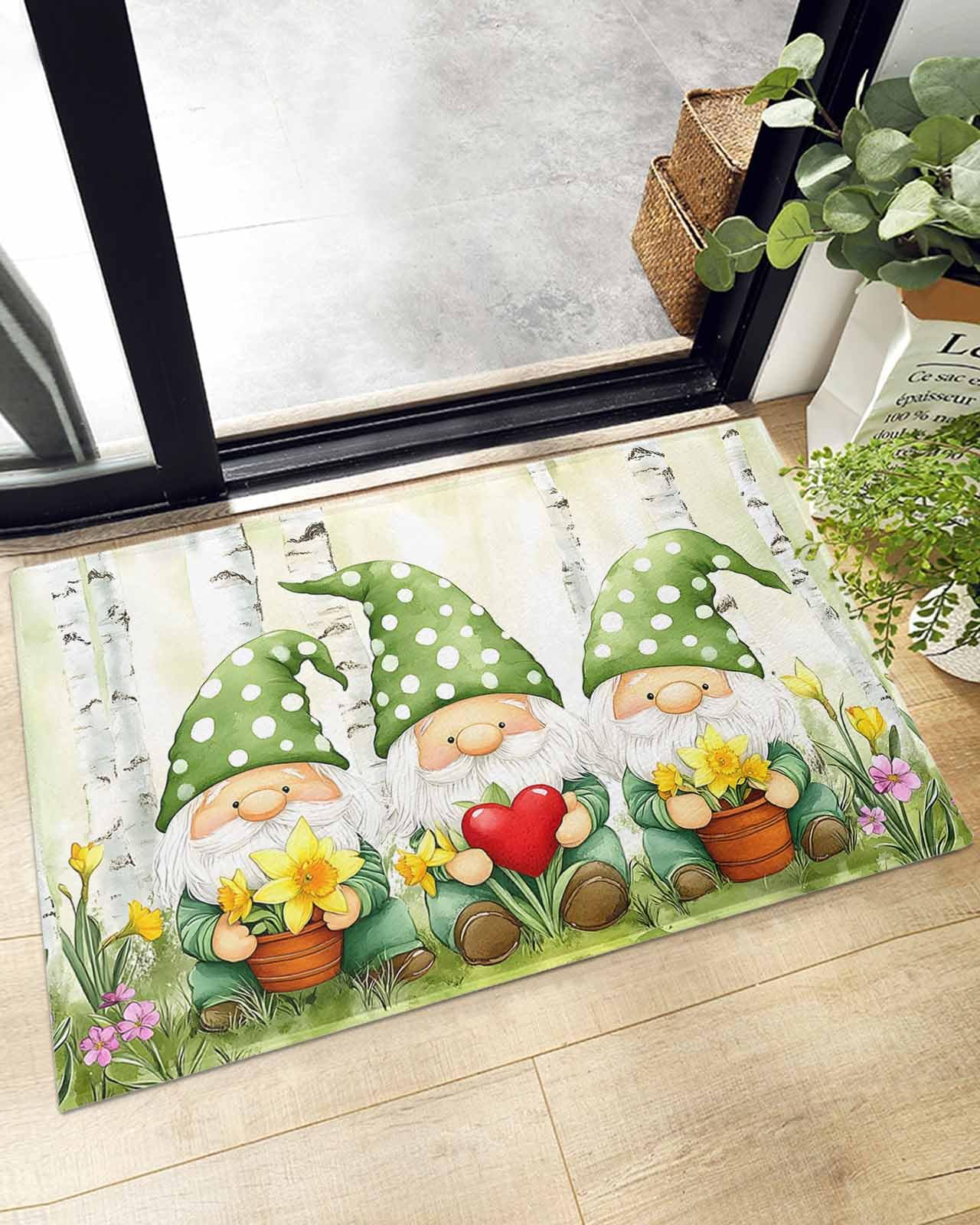 Indoor Doormat Summer Green Gnomes Heart Flower,Shaggy Floor Mat with Non-Skid Backing Watercolor Forest Landscape,Machine Washable Plush Area Rug Carpets for Kitchen Nursery Bedroom