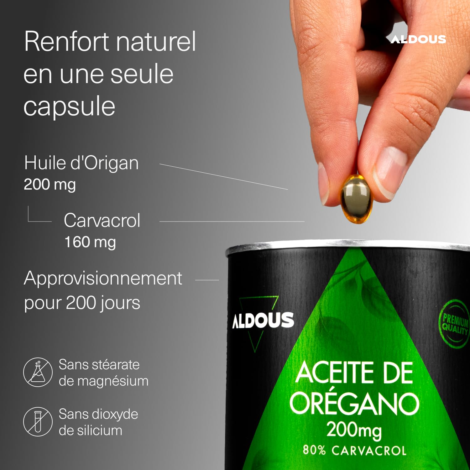 Huile d'origan en gélules avec 160 mg de carvacrol - 200 gélules - 1 par jour - Renforcement naturel du système immunitaire - Bien-être digestif et antioxydant - 80% de carvacrol - Sans additifs