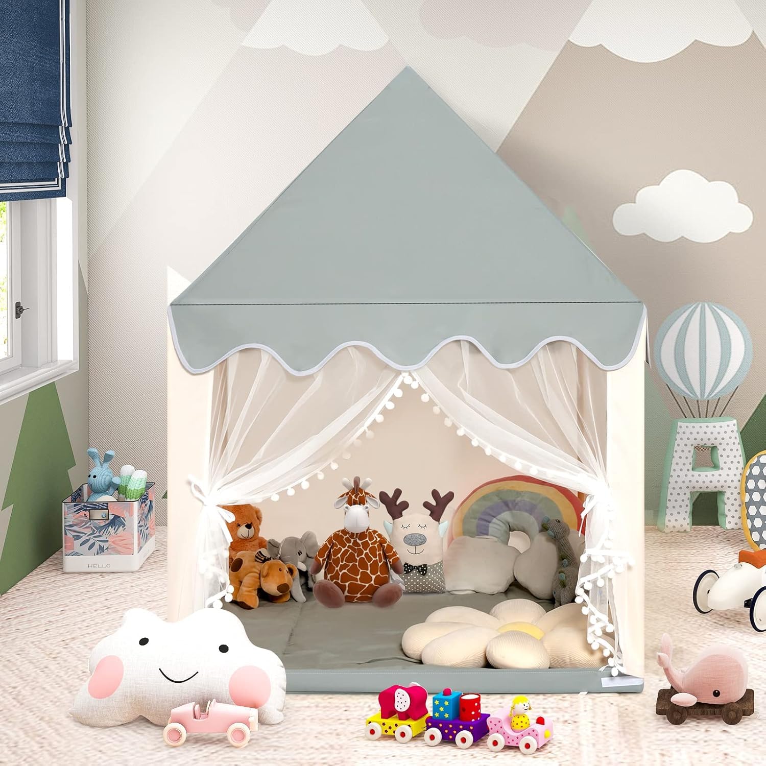 GOPLUS Spielhaus Kinder Indoor, Kinderzelt mit gepolsterter Matte, 2 Fenster, Vorhänge, Hausform Spielzelt für Kleinkinder, Zelt Kinderzimmer mit Holzrahmen für Kinder ab 3 Jahren (Grau+Beige)