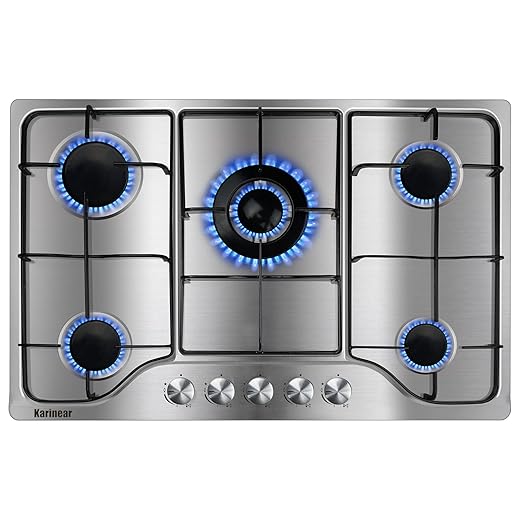 Karinear Gas Stove Cooktop 30 Inch 5 Burners, Built-in Stainless Steel Gas Hob, NG/LPG Dual Fuel Stovetop with Thermocouple Protection for Apartments, Indoor (Come with Pressure Regulator)