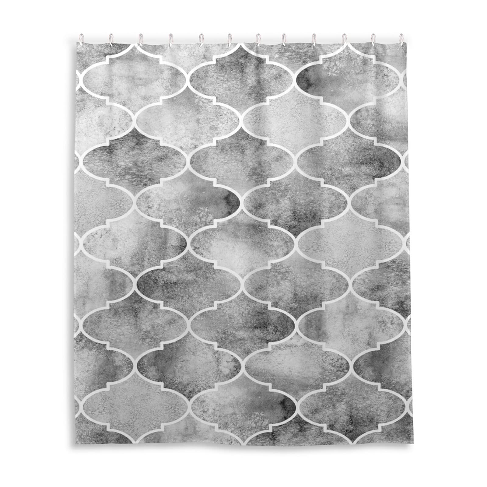 Vintage Grey Moroccan Tiles White Watercolor Geometric Waterproof Shower Curtain, Machine Washable Polyester Cloth with 12 Hooks, No Smell Bath Tub Stall Curtain Liner 72"(W) x72(H)