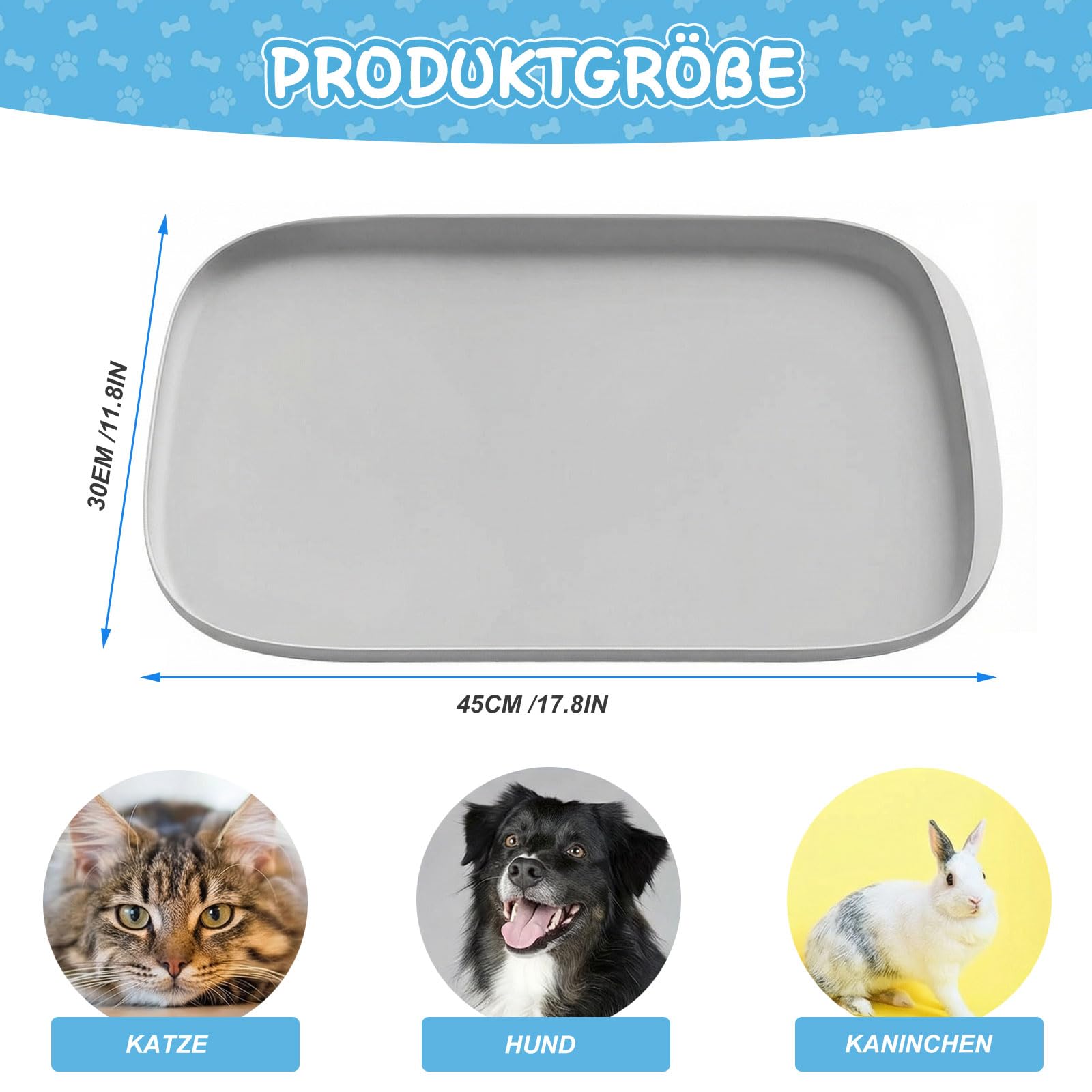 Hundefuttermatte - Silikon-Futtermatte für Haustiere, rutschfeste Katzennapfmatte, Wasserdichtes Tablett-Kissen, Napfunterlage Katzen für Mittlere und Kleine Haustiere (Hell-Grau, 45x30 cm)
