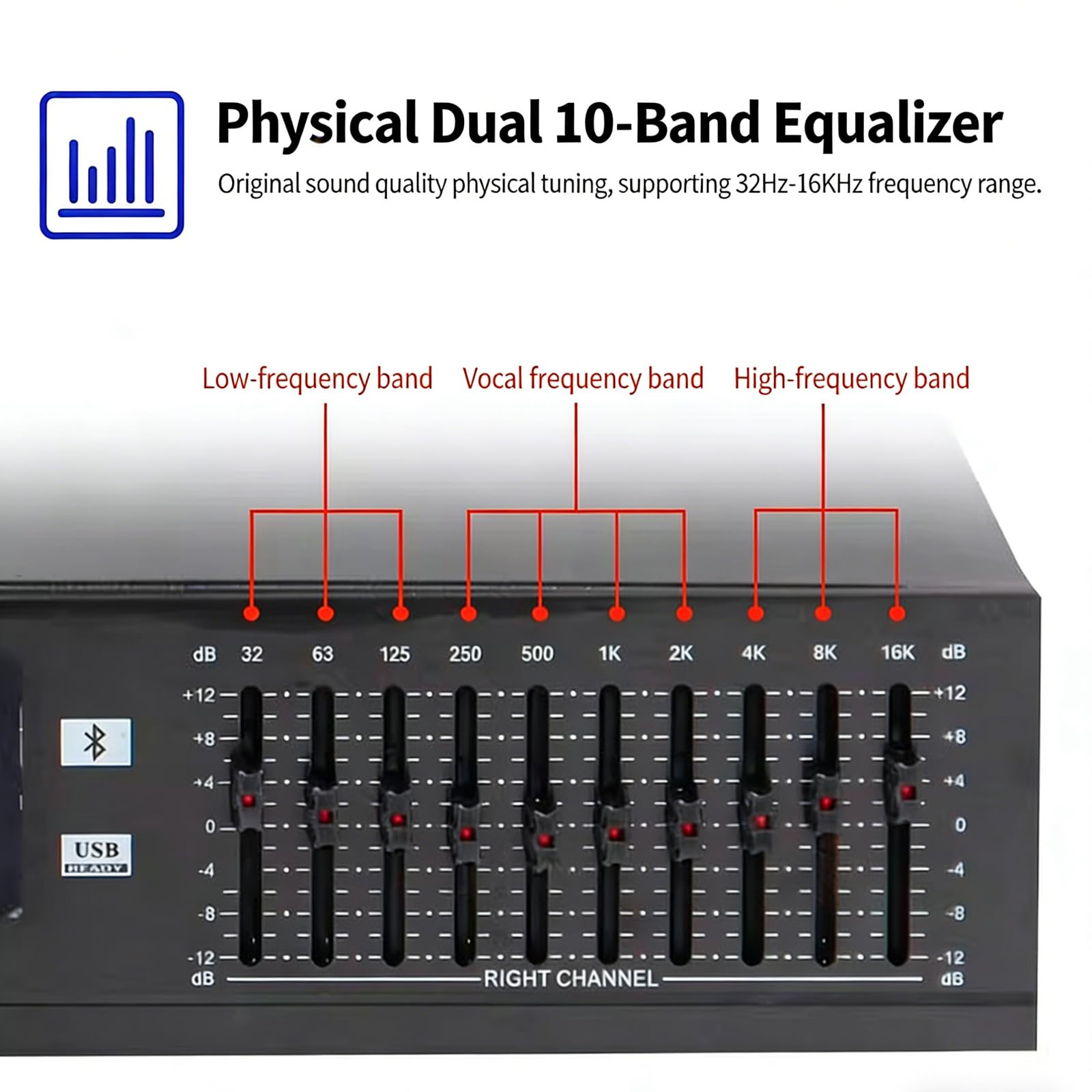 Equalizzatore grafico a 10 bande, equalizzatore digitale stereo Hi-Fi con display a LED dello spettro musicale, ingresso Bluetooth/U Disk, montaggio rack 1U per casa, palcoscenico, studio