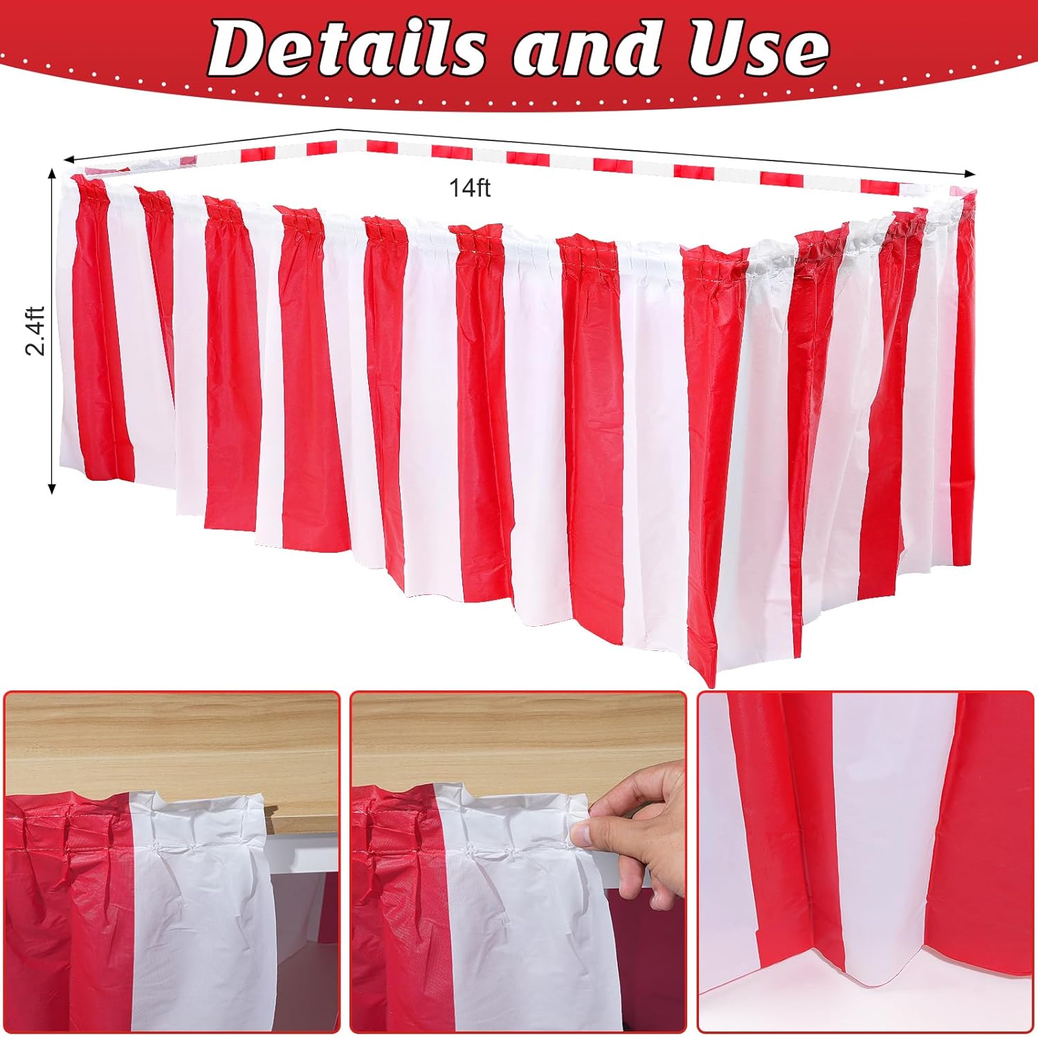 Red and White Striped Tablecloth Roll 54 Inch x 100 Ft & 3 Pack Carnival Table Skirt Party Decorations