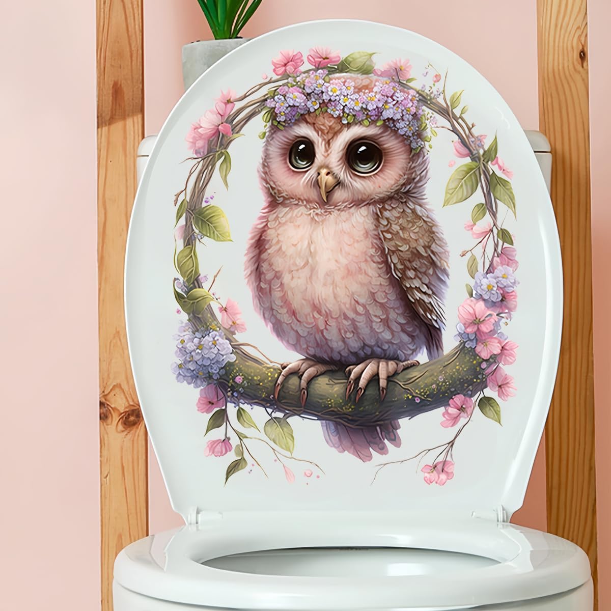 Owl Swing Toilet Cover Sticker Decals,Flower leaf bird Waterproof Toilet Lid Tank Seat Decals Cistern Self-Adhesive Bathroom Wall Sticker