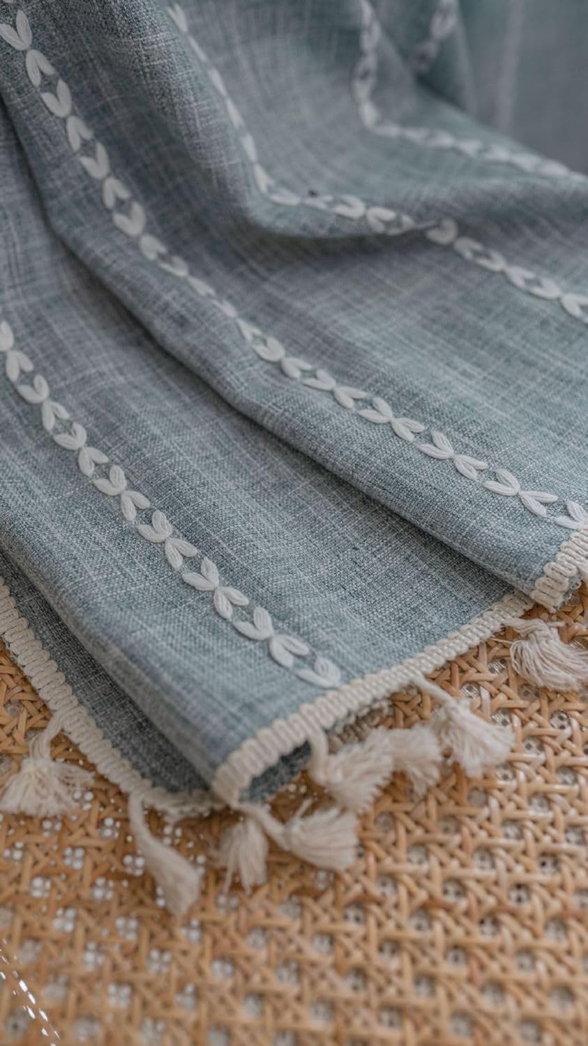 Boho Curtain 1 Panel 79 Inches Long Striped Embroidery Cotton Linen Semi Blackout Farmhouse Window Treatment with Tassels Rod Pocket Drape for Living Room Bedroom (55" W x 79" L, Grey)