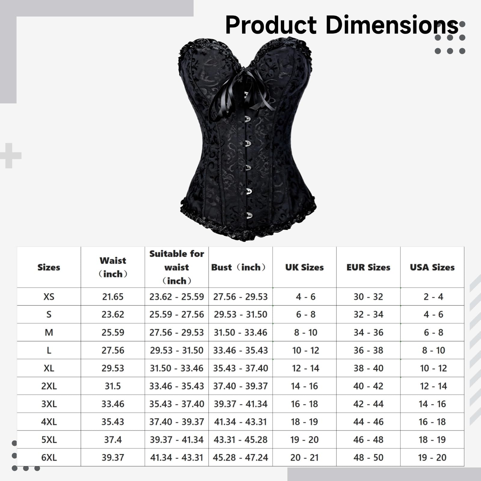Corsetto nero da donna, bustino modellante con bordo in pizzo, elegante chiusura frontale, XXL