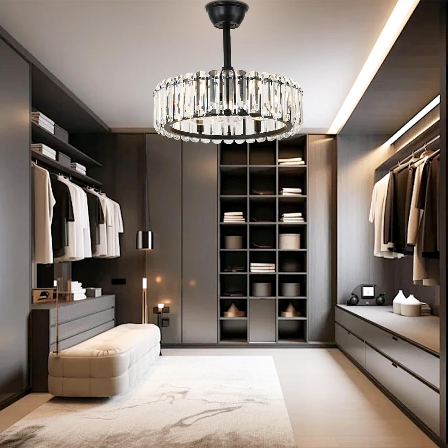 FRIXCHUR Crystal Caged Ceiling Fan with Lights and Remote 20.7 Inch Black Fandelier Semi Flush Mount 6 Speed Reversible Chandelier for Dining Bedroom Living Room Kitchen E12 x 6 Bulbs Not Included