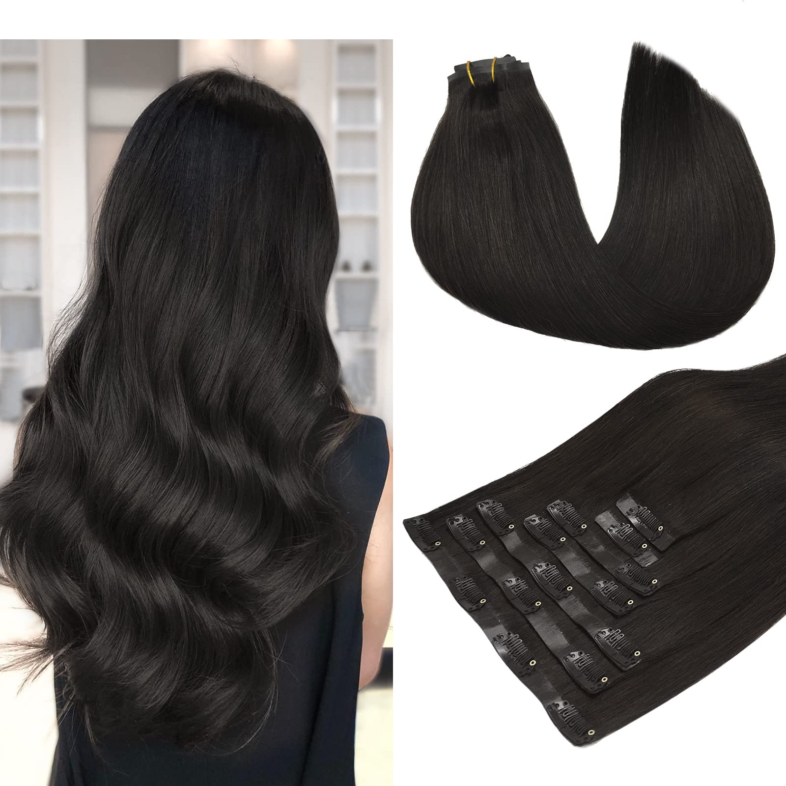 Straight Seamless 110g 7Pcs Clip in Hair Extensions 14 inch Remy Human Hair Amazon.com : Lashey Clip in Hair Extensions Real Human Hair  main image 3