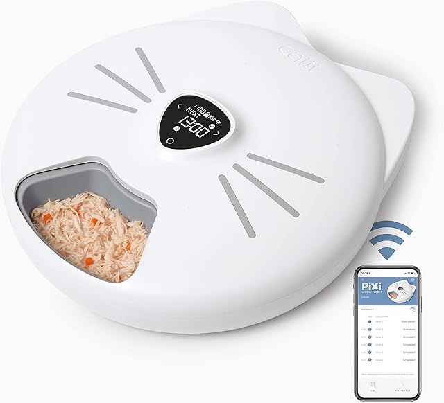 Catit PIXI 6-Meal automatic cat food feeder, cat food dispenser, wifi app controlled, feeds dry food, wet food, treats, with ice packs to keep wet food fresh, White