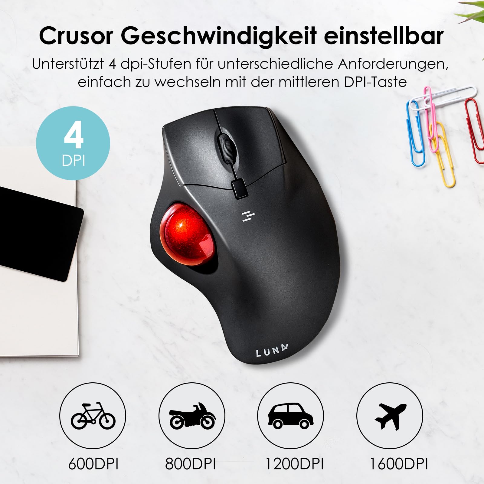 SANWA Trackball Maus mit Kabel, Leise Klik Programmierbar Taste, 600/800/1200/1600 DPI, Kabelgebundene ergonomische TrackBall, Kompatibel mit Winows, Mac, PC, Schwarz, GMATB39