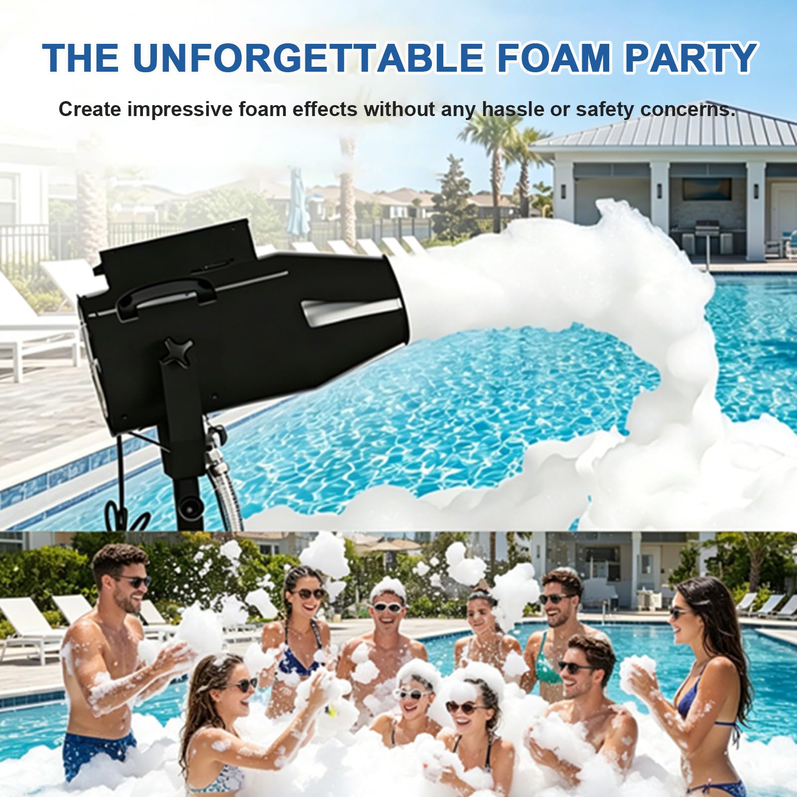 1000W Máquina de Espuma con Efecto de Escenario, con Trípode, ángulo Ajustable, Distancia de 6 a 10 M/área de 80 M², para Fiestas, Eventos, Diversión en la Piscina y Cumpleaños Privados Black