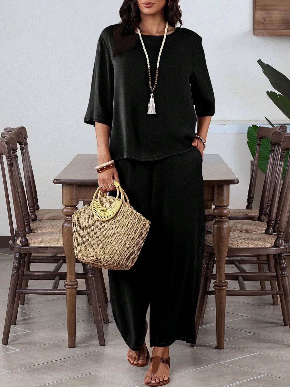 Conjunto de 2 piezas para mujer, conjuntos de descanso a juego, trajes de otoño 2025, ropa de moda con cuello redondo — view 4