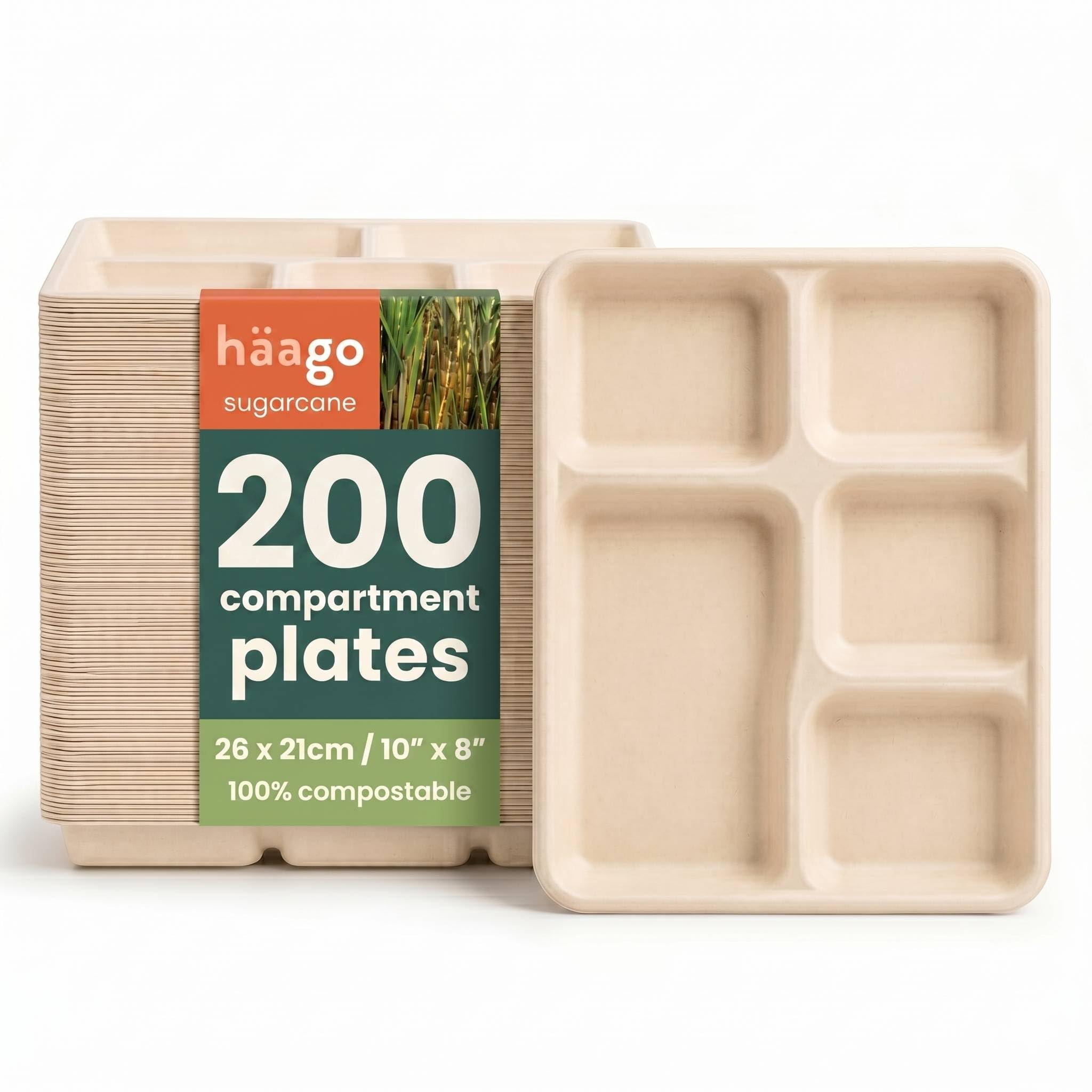 HAAGO 200 Compartment Plates - Sugarcane Bagasse 5 Compartment Food Trays, 21x26cm - Biodegradable & Home Compostable - Perfect Party Plate for Outdoor Events & Schools Disposable Plates for Hot Food