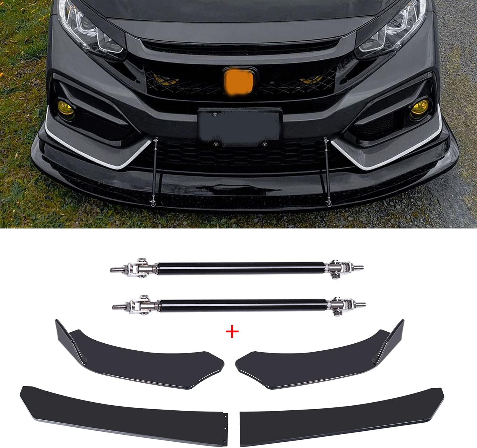 Rich Choices Universal Front Bumper Lip,Gloss Black Front Lip Spoiler Bumper Splitter Body Kit with Strut Rod Compatible with Honda Civic Accord Dodge Charger Mustang Volkswagen MK5 MK6 MK7