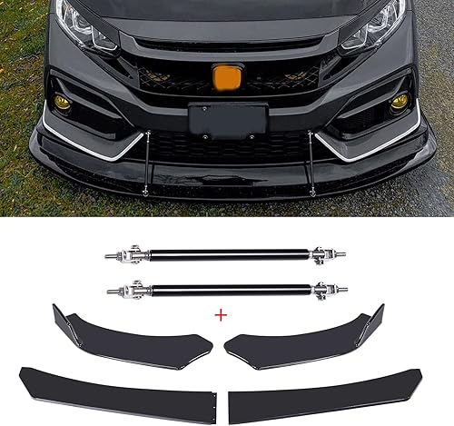 Rich Choices Alerón de parachoques delantero universal, color negro brillante, kit de cuerpo divisor de parachoques con barra de puntal compatible