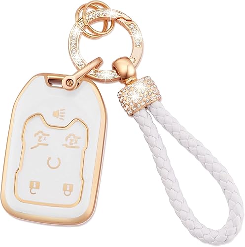 Funda para llavero GMC con cordón para llavero, 6 botones, carcasa de TPU suave, funda blanca para llavero compatible con GMC Terrain Yukon