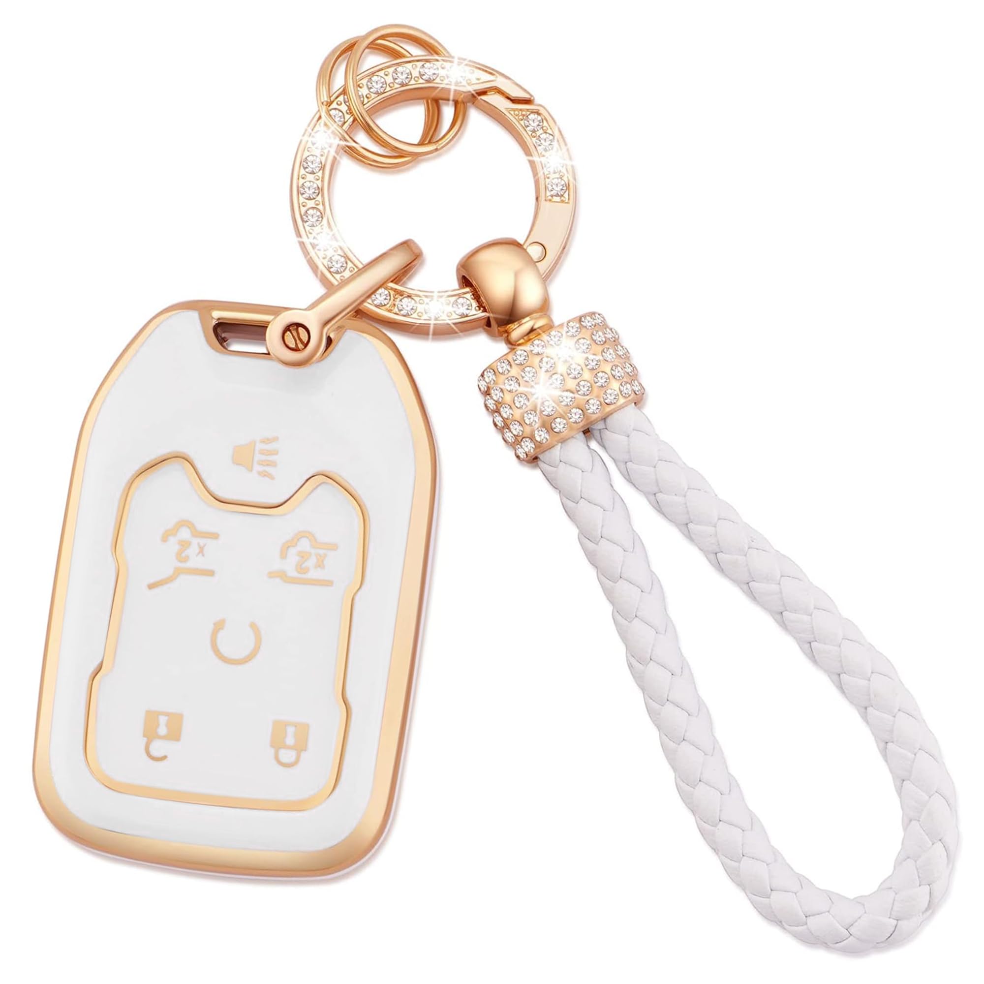 EKALA for GMC Key Fob Cover with Keychain Lanyard, 6 Buttons Soft TPU Keys Shells White Key Fob Cover Compatible with GMC Terrain Yukon Chevy Suburban
