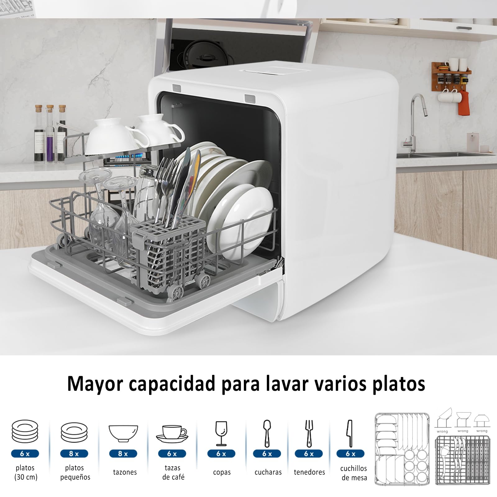 YU YUSING Lavavajillas de Encimera 45 cm 4.8 L con 7 Programas 5 Juegos, Mini Lavavajillas Pequeño con 2 Suministro Agua, Portátil, Control Táctil, Pantalla LED para Casa Oficina Camping, Blanco